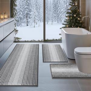 BSICPRO Bathroom Rugs Sets 3 Piece, Toilet Rugs U-Shaped Contour Bath Mat Set, Large Striped Non Slip Absorbent Chenille Shower Mat, Gray (22"x59"+ 20"x32"+U Shape 20"x24", Grey)