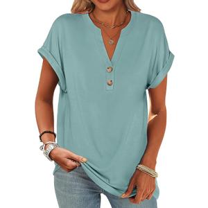 ANRABESS Womens Short Sleeve Henley Tops V Neck Dressy Casual Blouses Summer Trendy Tee Shirts 2025 Vacation Fashion Clothes, S, Cadet Blue