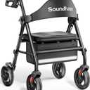 Rollator Walkers with Seat for Seniors, Foldable 8" Big Wheels All Terrain Rolling Walker, Handles and Ergonomic Seat Height Adjustable, 350 lb (Black)