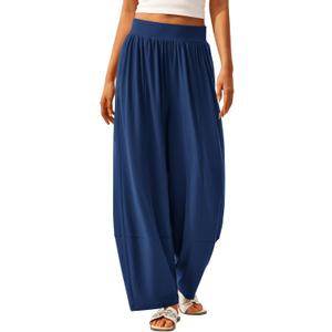 MASCOMODA Women Casual Wide Leg Palazzo Lounge Pants Comfy Soft Loose Flowy Yoga Pants Smocked High Waisted Barrel Sweatpants (Blue, Medium)