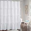 Victorian Ruffle Shower Curtain, Ruched Microfiber Vintage Handcrafted Bow Tie Bath Curtain for Master Bathroom, with 12 Buttonholes, 72" W x 72" H, White (LQ-10)