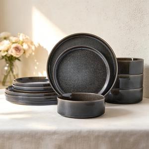 Dinnerware Sets for 4, ceramics Plates and Bowls Set, 12-Piece Modern Stoneware Dinnerware Chip Resistant, Non-Toxic, Dishwasher and Microwave Safe Tableware, Black