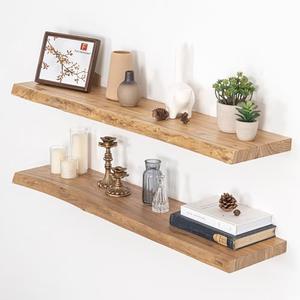 Floating Shelves for Wall, Live Edge 40"W x 9.3"D x 1.5"H Wood Floating Shelf, Set of 2 with Invisible Heavy-Duty Metal Bracket, Deep Floating Shelf for Living Room Kitchen, Natural Finish