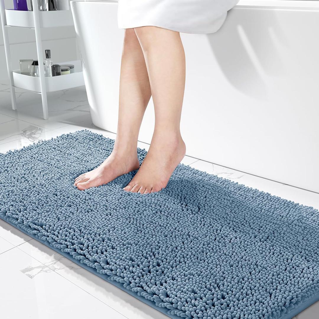 Yimobra Long Chenille Bathroom Rug 44"x24" - Extra Soft Non Slip Bath Mat - Super Absorbent Quick Dry Plush Shaggy Floor Carpet for Tub & Shower - Machine Washable, Denim Blue