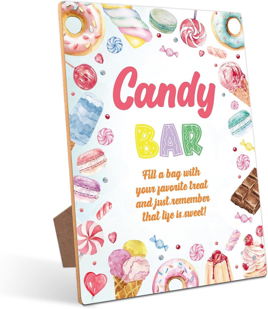 Candy Bar Table Sign - Pink Sweet Candy Birthday Decor, Perfect for Birthday Party, Birthday Decorations, 811 Wooden Party Sign with Stand