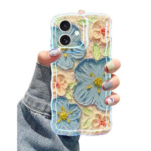 Jusy Compatible with iPhone 12, Colorful Retro Oil Painting Printed Flower Laser Glossy Pattern Cute Curly Wave Phone Case Soft TPU Cover for Girly Women - Blue