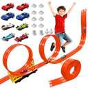 16.5 Ft Flexible Race Track for Kids  Compatible with Hot Wheels 1/64 Diecast Cars  Includes 8 Racing Cars & SuperGrip Gravity Ramp Rollable Portable DIY Track Toy, Gift for Boys Girls 38, Orange