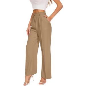 FUNYYZO Wide Leg Pants Women's High Elastic Waisted in The Back Business Work Trousers Long Straight Suit Pants (X-Large Short, 006# Khaki (Thin))
