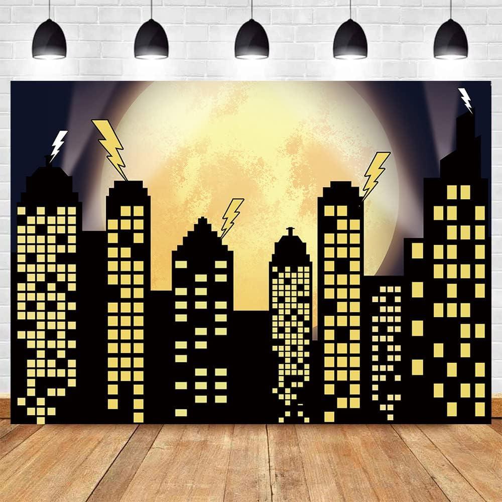 Superhero Super City Photography Backdrops Skyline Buildings City Boom Full Moon Bat Photo Background 5x3ft Vinyl Children Birthday Party Banner Studio Booth Cake Table Decor