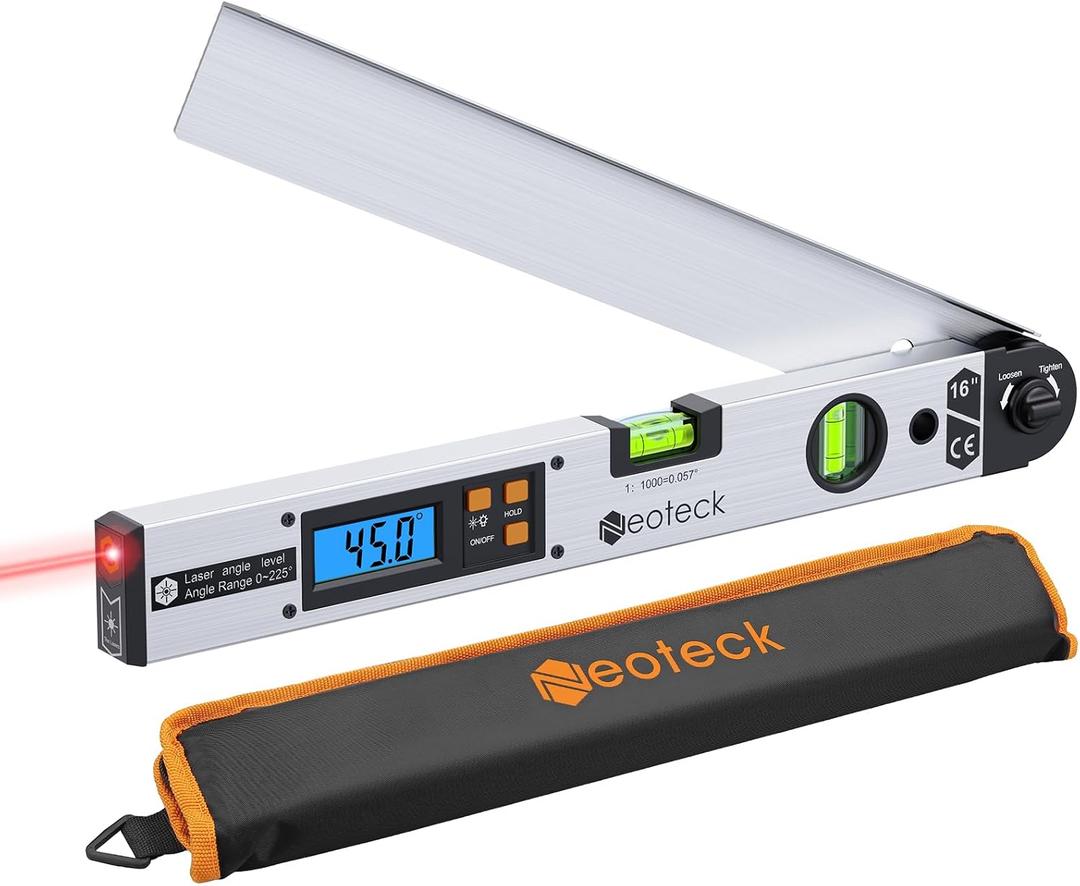 Neoteck 225 Aluminum Digital Angle Finder with Laser (Class 2 Laser,<1mW) | 400mm Angle Ruler Protractor with Bubble Level,LCD Display for Woodwork,Construction,Tile Installation,Picture Hanging-White