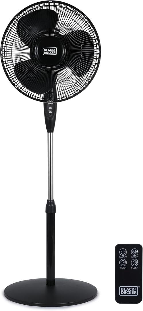 BLACK+DECKER 16 Inches Stand Fan with Pedestal Base, Height Adjustable Pedestal Fan with Remote and Touch Control Panel, Free Standing Fan with 90-Degree Oscillating and 3-Speed Settings, Black