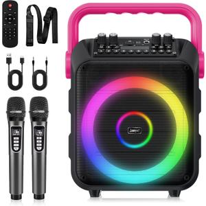 Karaoke Machine for Adults & Kids, Portable Bluetooth 5.3 Speaker with 2 Wireless Microphones, Bass/Treble Adjustment, Remote and LED Light, Support REC/FM/AUX/USB/TF for Home Party, Blackpink