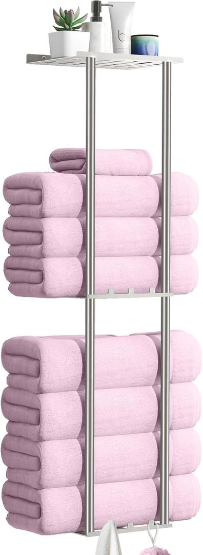 Towel Storage for Bathroom with 6 Hooks,Towel Racks for Bathroom Wall Mounted, Brushed Nickel Towel Holder Organizer 3 Tier Shelf
