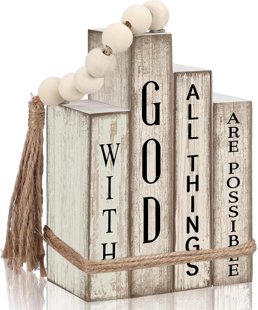 Lineshading 4 Pcs Christian Table Decor Wooden Book Stack Decor with God All Things are Possible Farmhouse Centerpiece with Beaded Garland Tassel Christian Home Decorations for Office, Shelf, Gift