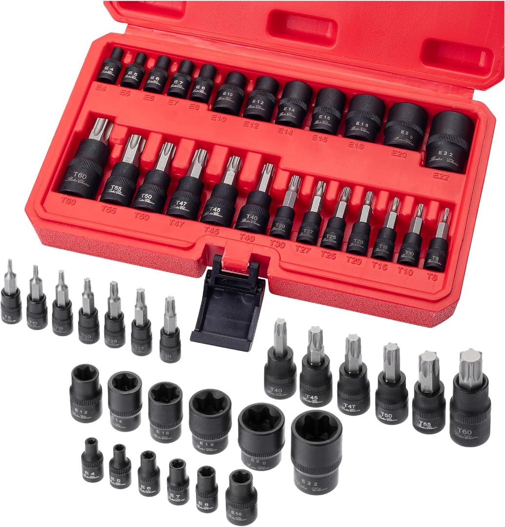 Bates- Torx Bit and Socket Set, 25 pcs, 1/4" 3/8" & 1/2" Drive, Star Bits T8-T60, E-Torx Sockets E4-E22