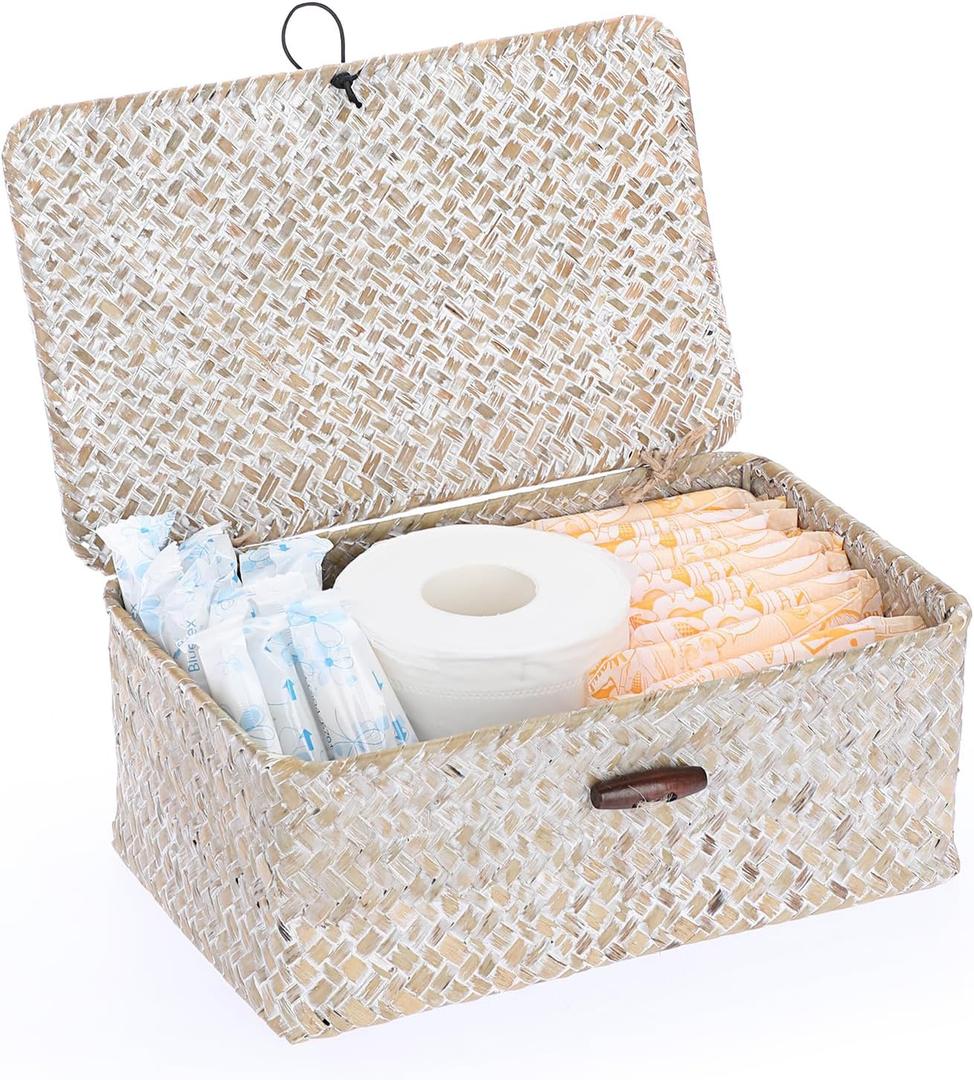 Sumnacon Small Wicker Basket with Lid Rectangle Woven Baskets for Toiletries Tampon Storage,Wicker Storage Basket with Lid,Decorative Seagrass Storage Baskets for Shelf Bathroom Toilet Table,Whitewash