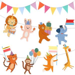 2 Pcs Animal Parade Party Banner Set Animals Flag Colorful Pennant Flags for Birthday Hanging Garland Decorations Baby Showers Zoo Jungle Themed Parties Supply