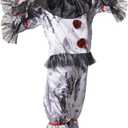 Kids Scary Clown Costume Unisex Gray Satin with Black Lace Creepy Clown Jumpsuit for Halloween, Carnival, School Play, 13-15, Grey Jumpsuit