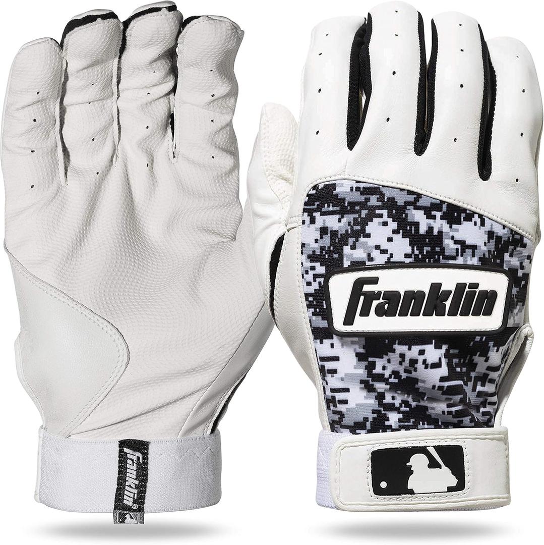 Franklin Sports MLB Youth Batting Gloves - Digitek Camo Baseball + Softball - Premium Leather - Many Sizes + Colors - Youth (Large, Gray/White/Black)