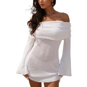 Unybwonn Women's Off Shoulder Mini Short Dress Bodycon Long Sleeve Crochet Sexy Going Out Mesh Elegant Sweater Dresses (White), Small