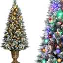 4ft Christmas Tree Pre-Lit Artificial Mini Trees with Gold Pot Base, Flocked Snow Warm White and Colorful Lights Pine Cones, for Entrances, Home Decorations Holiday Decor