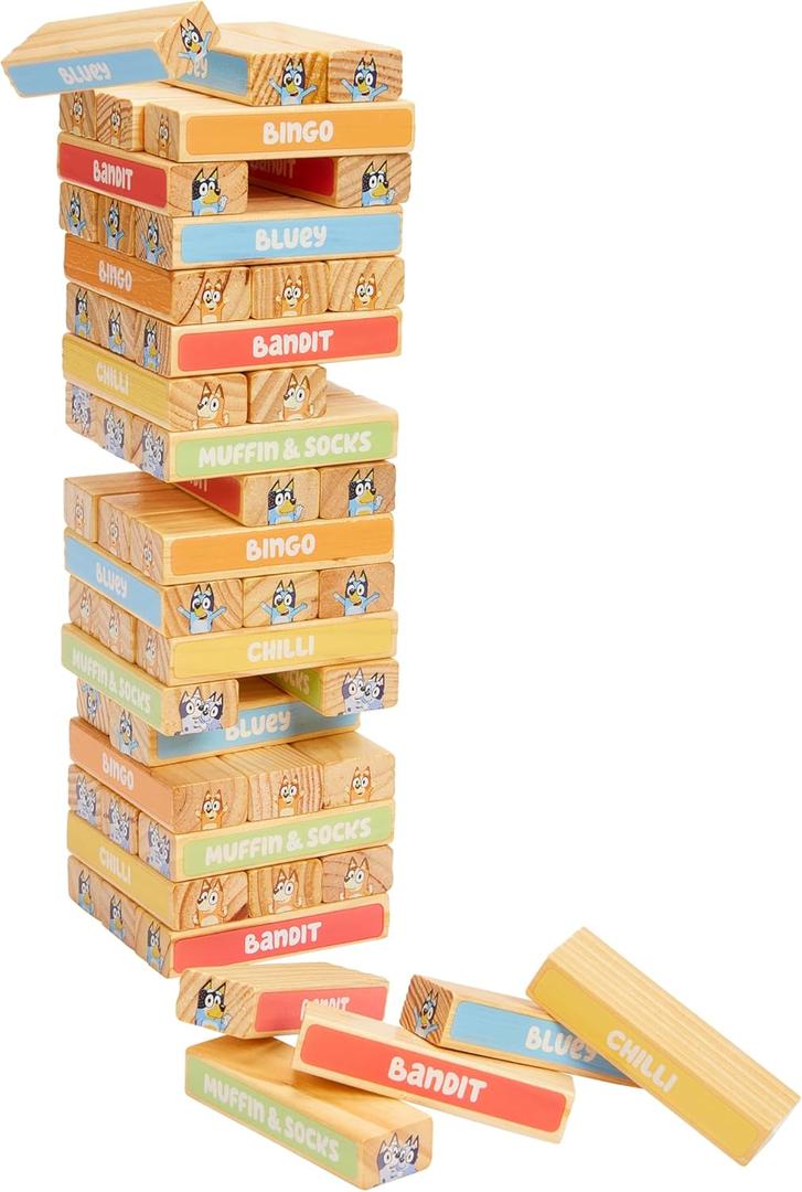 Bluey 8th Wonder Stackable Tumbling Tower Game, Robust Wooden Stacking Game with 54 Illustrated Colored Blocks, Fun Balancing Toy for Kids Ages 3+
