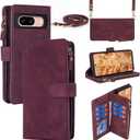 iCoverCase for Google Pixel 8 Wallet Case with Card Holder, Kickstand Feature PU Leather Case with Adjustable Crossbody Lanyard Magnetic Clasp Zipper Pocket Flip Cover (Claret)