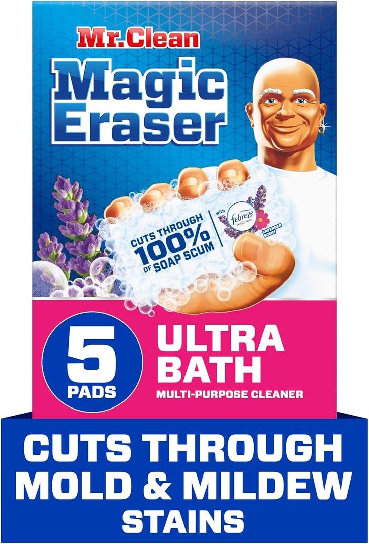 Mr. Clean Magic Eraser Sponge, Bathroom Cleaner, Shower Cleaner, Tub Cleaner, Soap Scum Remover, Bathroom Cleaning Supplies, Dawn Cleaning Power with Febreze Lavender Scent, Ultra Bath, 5ct (5 Count (Pack of 1))