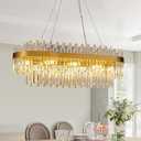 PAFEE 35.4" Brushed Gold Rectangular Crystal Chandelier for Dining Room