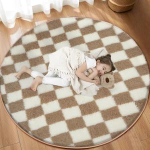 TOOHUB Super Soft Rug, Round Rug for Bedroom, 4X4 Ft Beige and White Checkered Round Rug Non-Slip High Pile Cute Soft Fluffy Rug for Living Room Bedroom Kids Room