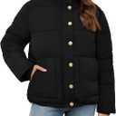 Funlingo Women's Cropped Puffer Jacket Winter Stand Collar Zip Up Snap Button Warm Lightweight Short Quilted Coat (Black, S)