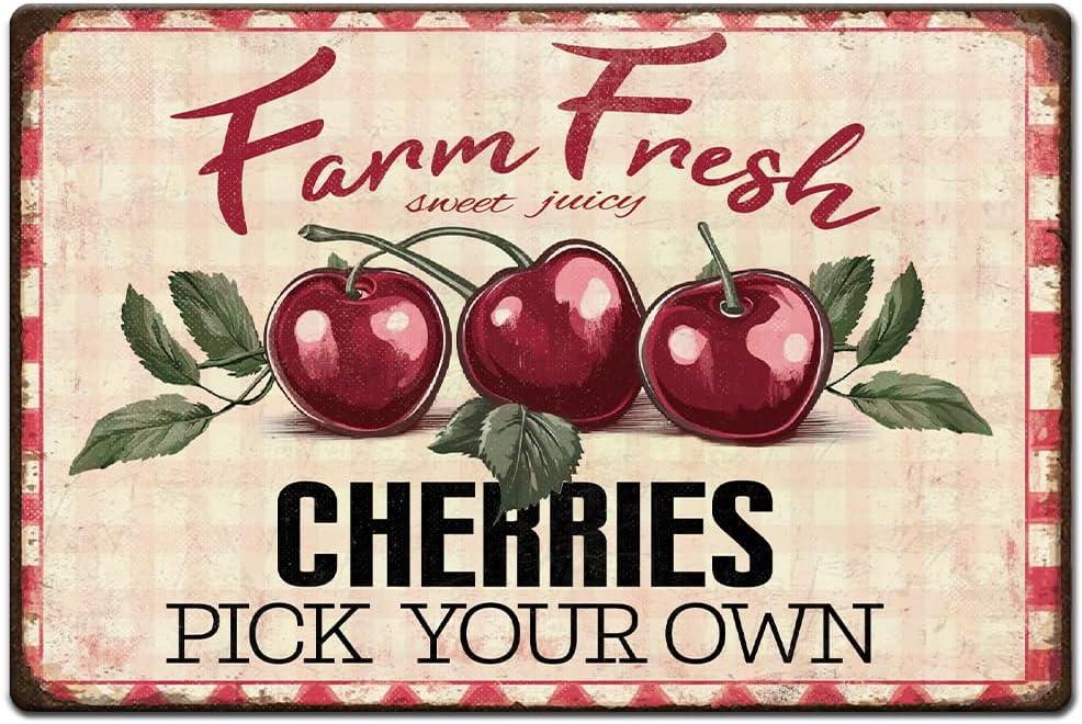 1pc Vintage Metal Tin Sign 8x12 inch Retro Iron Fruit Sign Rusty Look Farm Fresh Sweet Juicy Cherries Poster for Farmhouse Country Market Kitchen Bar Fruit Vendor Home Decor