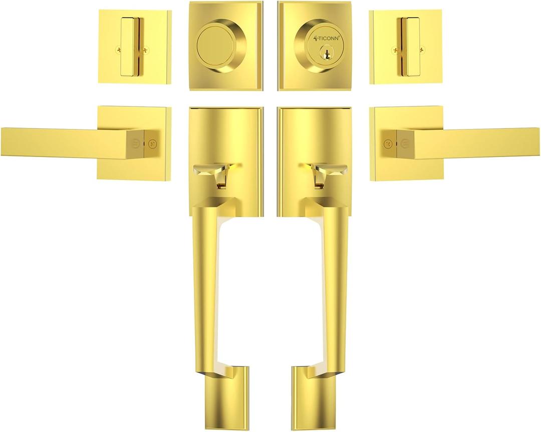 TICONN Double Front Door Handle Set, Heavy Duty Square Door Lever and Single Cylinder Deadbolt Combo for Side by Side Entrance Exterior Doors (Polished Brass)