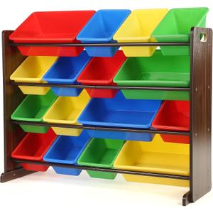 Humble Crew Toy Storage Organizer with 16 Removable Storage Bins for Kids Playroom, 4-Tier Toddler Toy Organization and Storage, Walnut/Primary