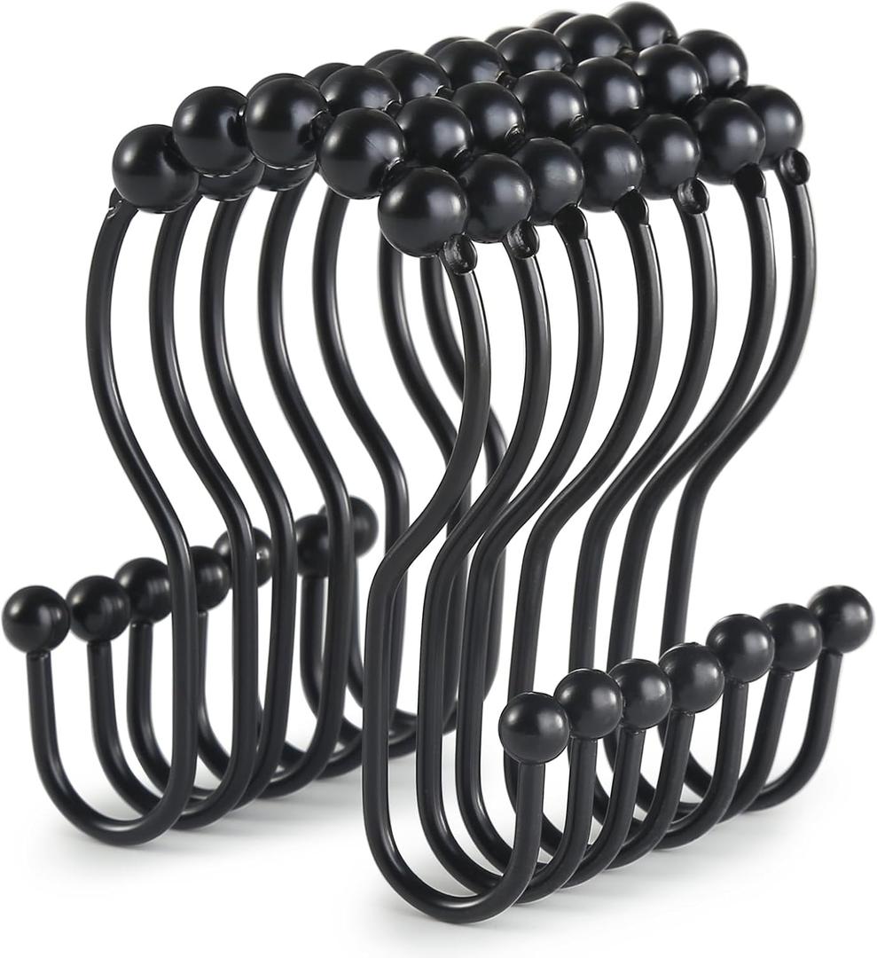 Goowin Shower Curtain Hooks, 12 Pcs Shower Curtain Rings, Stainless Steel Black Shower Curtain Hooks, Shower Curtain Rings Rust Proof, Smooth Sliding Anti-Drop Double Shower Rings for Curtain (Black) (Modern)