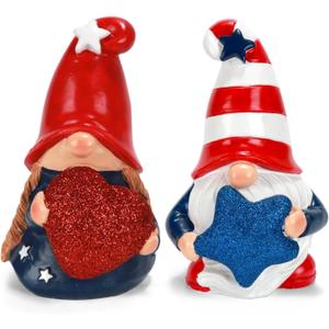 2 x 4th of July Decorations Patriotic Gnome Figurines, Set of 2 Resin Gnome Couple Statues, Red White and Blue Memorial Day Decor for Home Outdoor Garden Tiered Tray Shelf Mantel Desk Tabletop Centerpiece