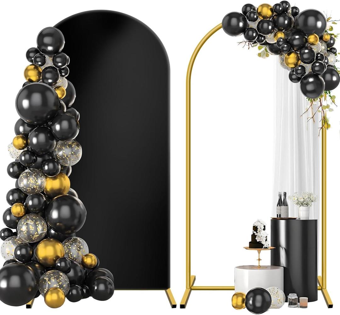 Metal Arch Backdrop Stand and Cover Set 7.2 ft, Wedding Arch Stand with Black Cover for Party, Birthday, Wedding, Bridal Shower, Baby Shower (Black, 7.2 ft)