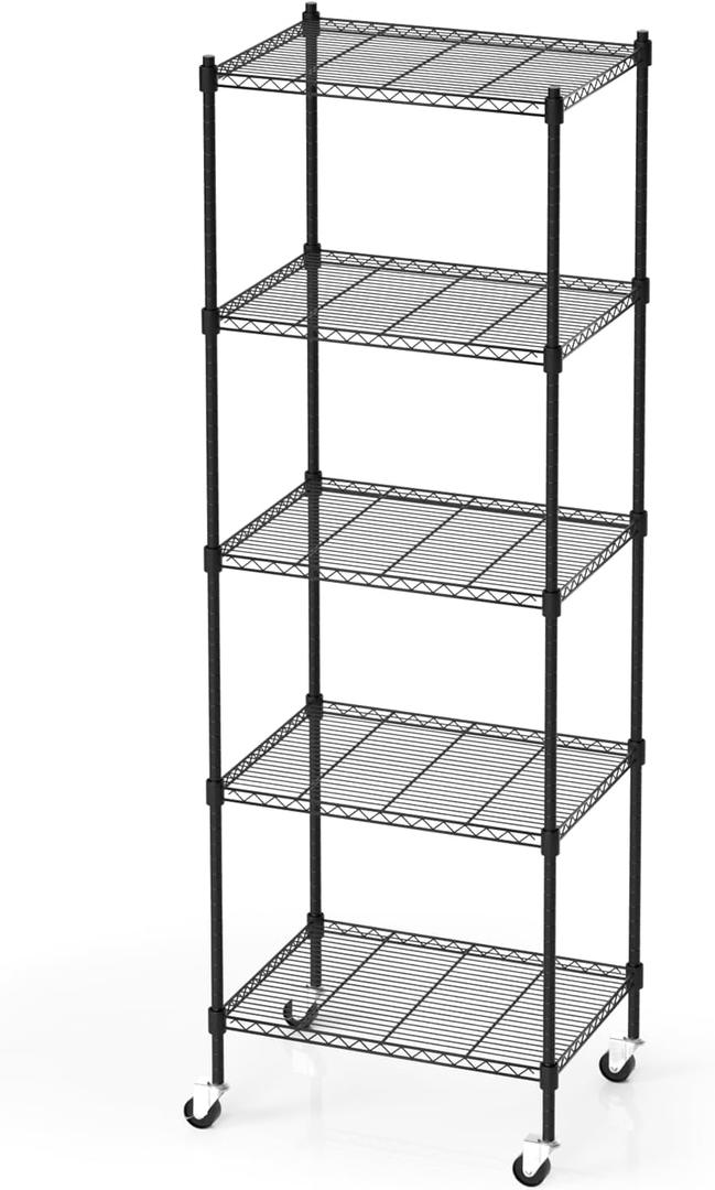 5 Tier Storage Shelves with Wheels, Heavy Duty Metal Garage Shelving Unit and Adjustable Feet, 865lb High Capacity Rolling Storage Shelf for Kitchen, Office, Dining Room (23.6"x 17.7"x 72"), Black