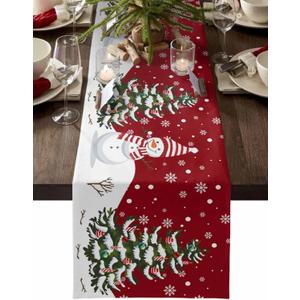 Christmas Table Runner - Cotton Linen 48 Inches, Snowman Rustic Red Snowflake Bed Runner Dress Scarves, Farm Xmas Tablerunner for Dining/Holiday/Coffee Table 13" x 48"