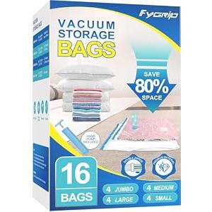 Fygrip Vacuum Storage Bags with Hand Pump, Plastic Packaging Bags, 80% Space Saver Vacuum Seal Bags for Clothing, Travel Lugggage, Blankets, Comforters, 16 Combo