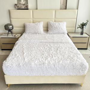 chovy Faux Fur White Twin Sheet Set with Extra Soft Plush Velvet Flannel Fluffy Fuzzy (Pillowcase x 2, Flat Sheet x 1, Fitted Sheet x 1)