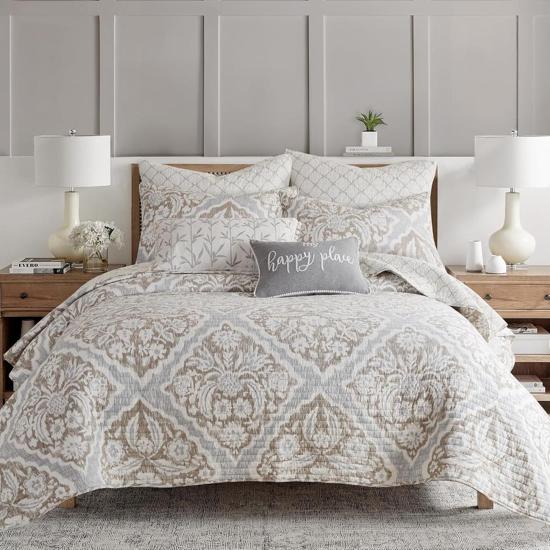 Levtex Home - Becker Taupe Quilt Set - King Quilt and Two King Shams - Ikat - Taupe, Grey and Cream - Quilt (106x92in.) and Shams (20x36in.) - Reversible - Cotton, Quilt - King/Cal King