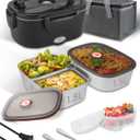 Electric-Lunch-Box-Heated-Food Warmer, 80W Heating Lunchbox for Adults, 2 Pack 1.5L Stainless Steel Containers, 12/24/110V Lonchera Elctrica Porttil for Work/Car (Matte Black)