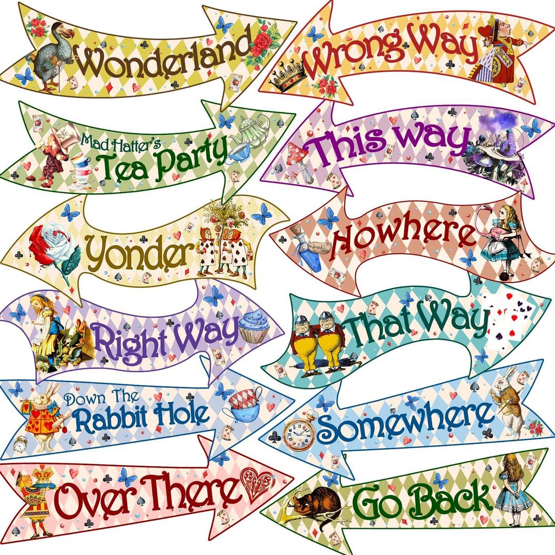 Alice in Wonderland Arrow Signs, 24pcs Alice in Wonderland Signs, Htabiol Alice in Wonderland Party Decorations, Fit for Alice Wonderland Decor, Alice in Onederland 1st Birthday, Mad Hatter Tea Party