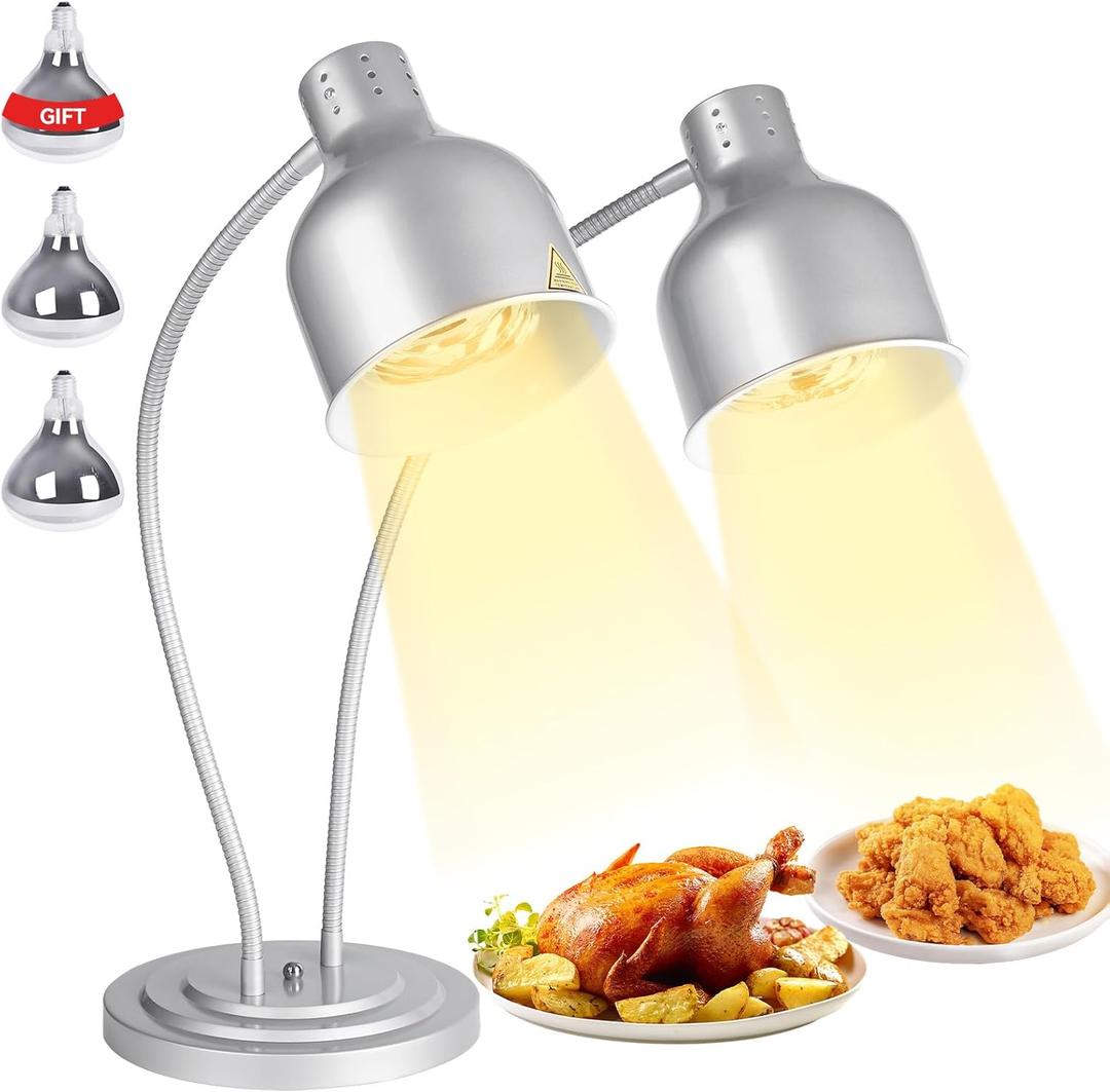 Food Heat Lamp,500W Commercial Food Warmer Lamp,Adjustable Food Warming Light with 3 Bulbs,2 Head Catering Heating Lamp for Kitchen Cafeteria Restaurant Buffet Parties