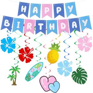 Blue Pink Happy Birthday Banner Party Decorations and Hanging Swirls with Hawaiian Decorations for Birthday Party Supplies