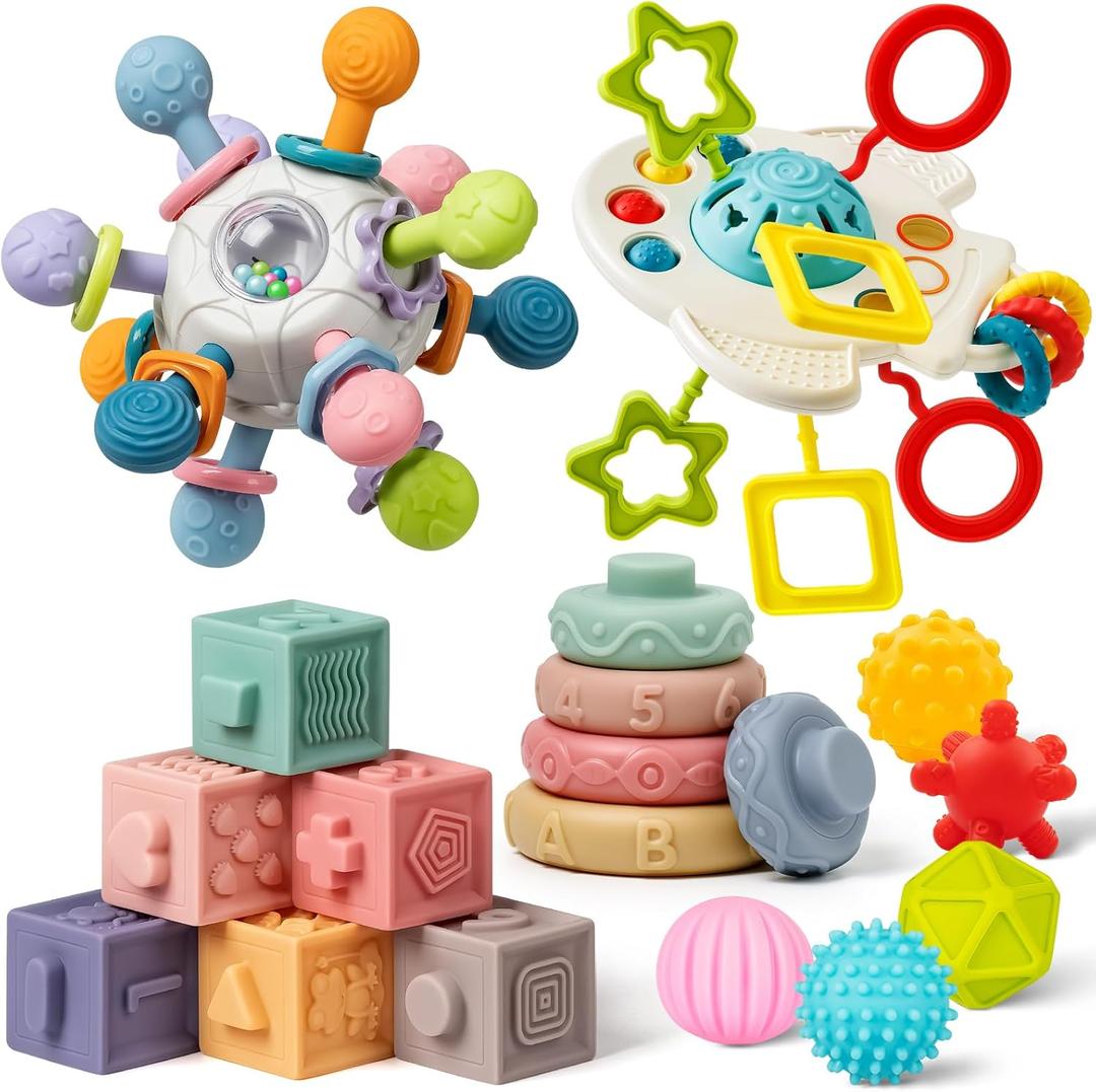 Baby Toys 6 to 12 Months, 5 In 1 Montessori Toys for 1 Year Old, Incl Travel Pull String Toy & Rattle Teether & Stacking Baby Block & Soft Infant Ring & Sensory Ball for Toddler 0-3-6-9-12 Month