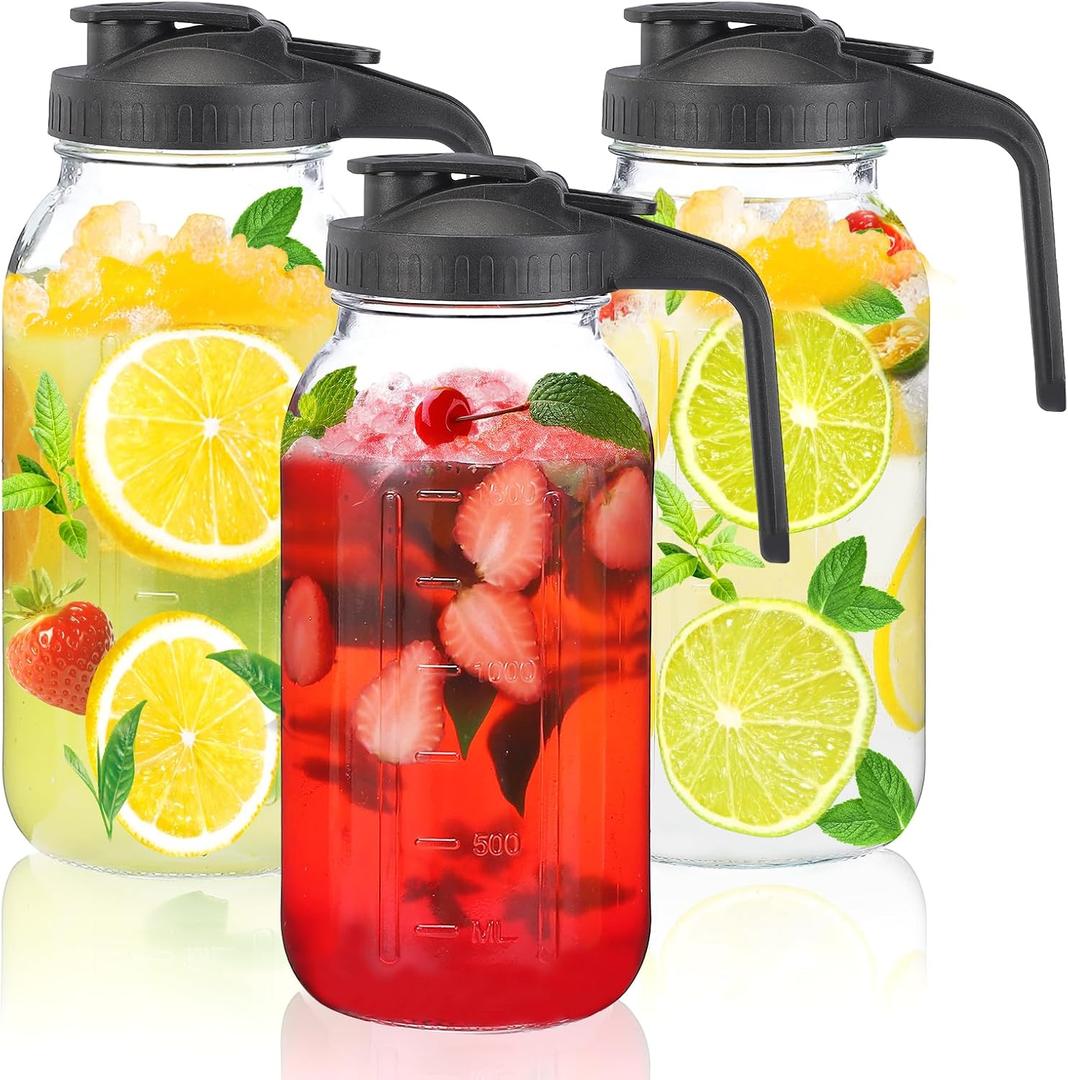 Glass Mason Jar Pitcher with Pour Spout Lid, 64OZ Leak-proof Wide Mouth Jugs for Cold Brew Coffee, Breast Milk Storage, Water, Sets of 3