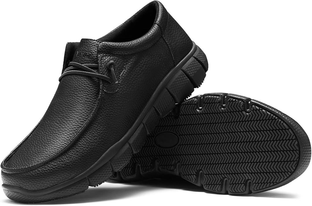 NINGO Leather Non Slip Shoes for Men Women, Slip On Water Resistant Work Loafers, Slip Resistant Lightweight Breathable Chef Footwear & Sneakers for Kitchen/Restaurant Staff and Hospitality (10 Women/8.5 Men, Black)