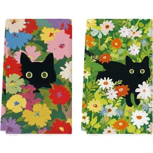 Artoid Mode Floral Cat Wild Grass Spring Kitchen Towels Dish Towels, 18x26 Inch Farmhouse Summer Decoration Cleaning Set of 2